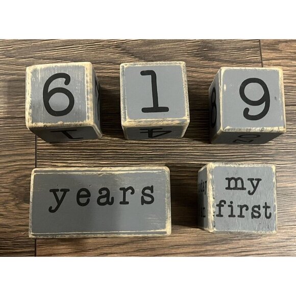 Baby Milestone Blocks, Picture Prop- Weeks Days Months Years Farmhouse Gray Blue - Picture 5 of 6